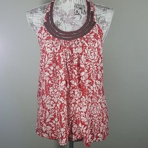 Elle Women's Red Floral Halter with Bronze Detail